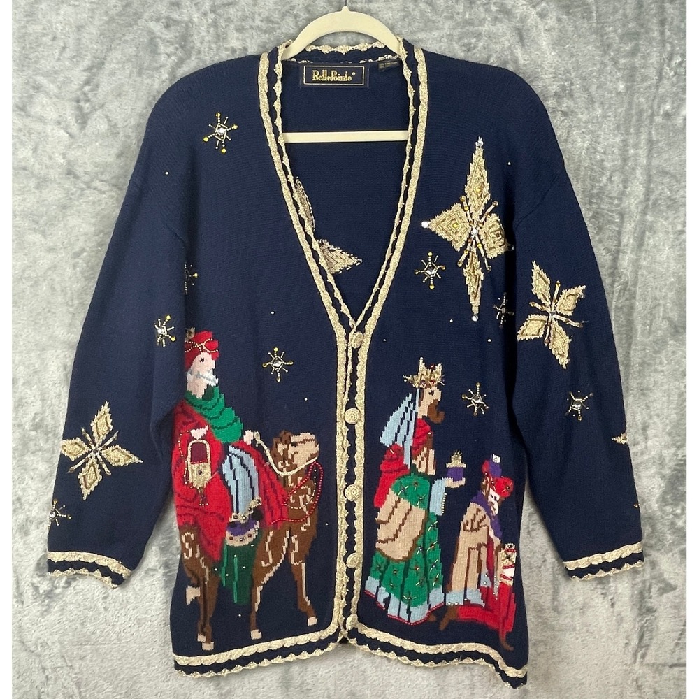 Vintage BellePointe Sweater Womens M Blue Gold Three Wise Men Holiday Christmas
